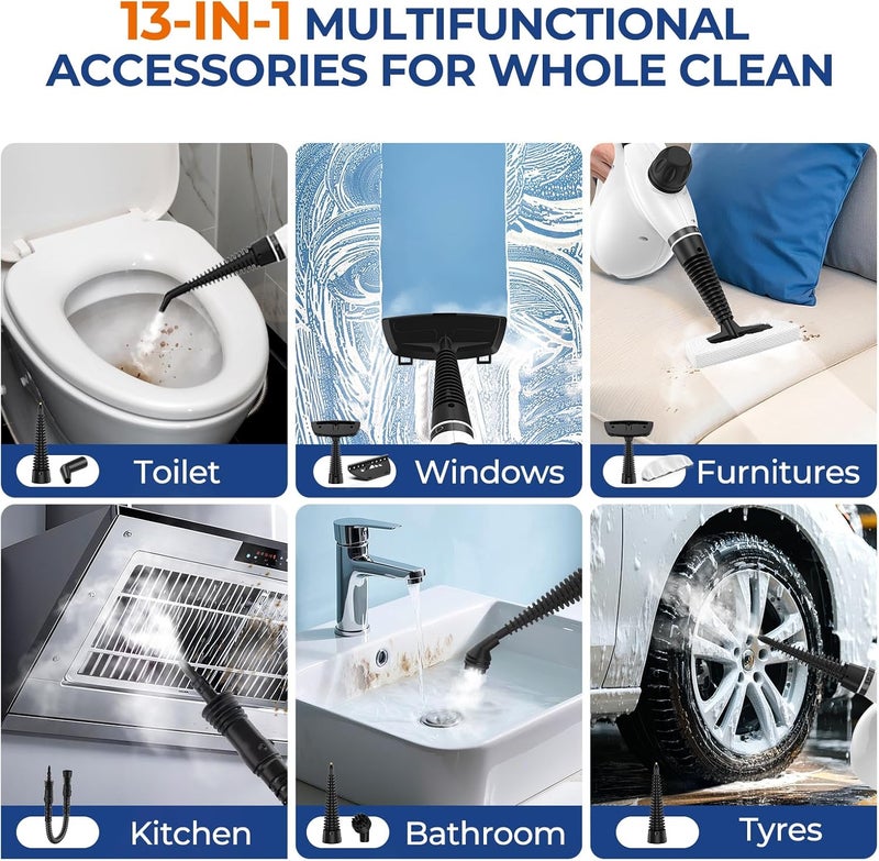 LABIGO Steam Cleaner, Pressurized Handheld 13pcs Multi-Purpose Natural Deep Cleaning Steamer, Portable Steamer for Cleaning Home, Grout, Kitchen, Car, Window, Upholstery, Bathroom and Clothes, White - Image 5